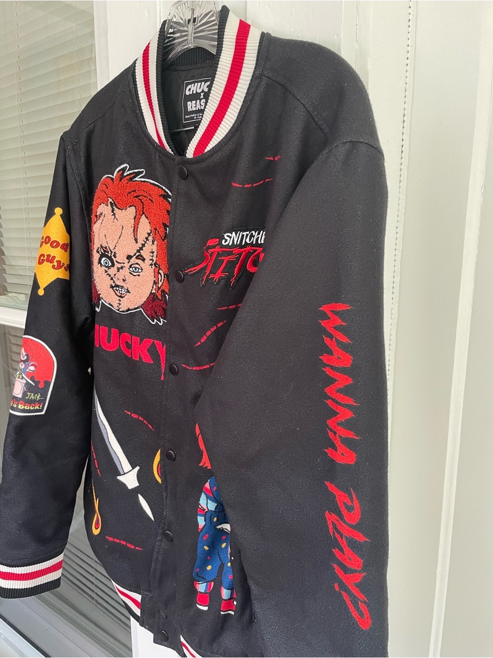 Chucky x Reason  varsity jacket size L snitches get stitches Halloween horror